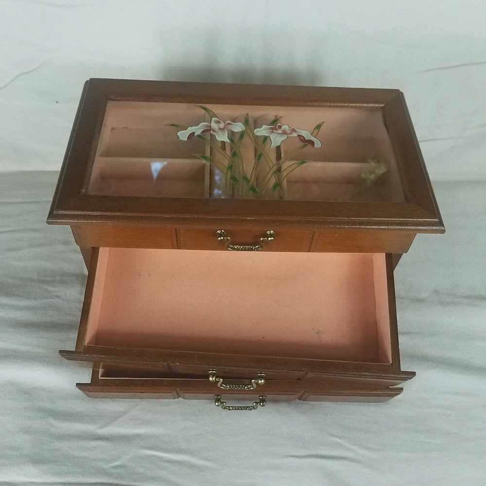 Vintage Wooden Jewelry Box Organizer Brown Excellent Floral Glass 2-drawers